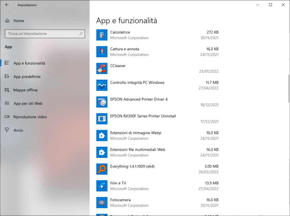 App e funzionalità Windows disinstallare app